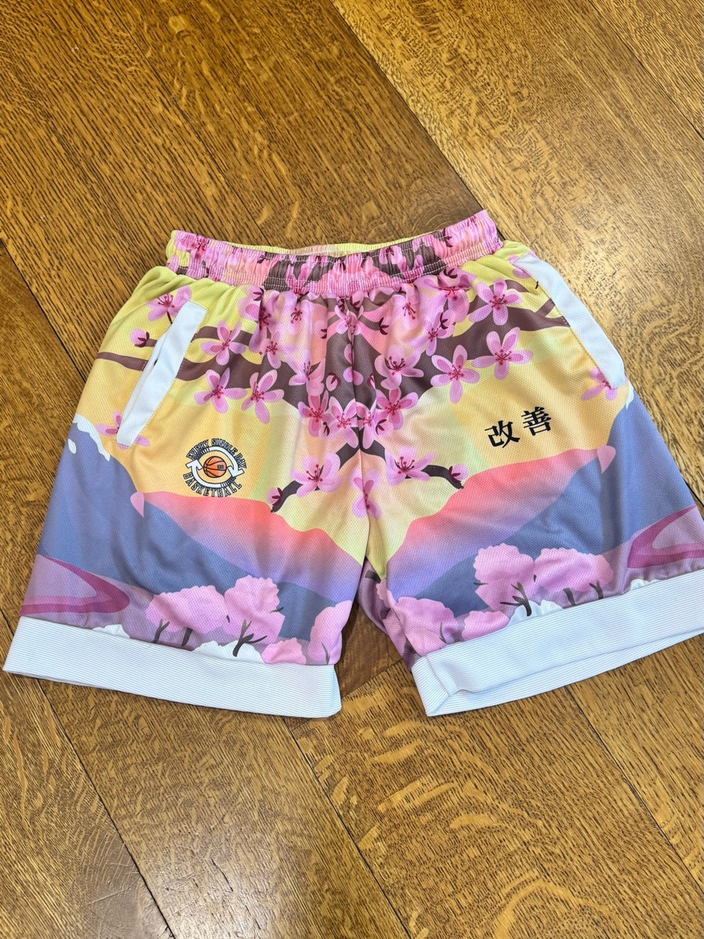 ESD Kids Floral Cherry Blossom Athletic Shorts in Pink & Yellow